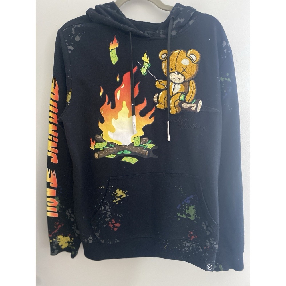 Civilized Men's Burning Cash‎ Bear Embroidered Y2K Graphic Hoodie Size M
